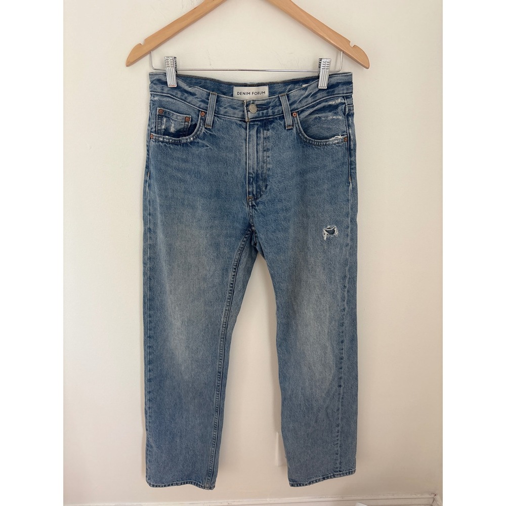 Denim Forum The Comfy Low Rise Loose Jeans 25 30L Medium Wash Blue Distressed